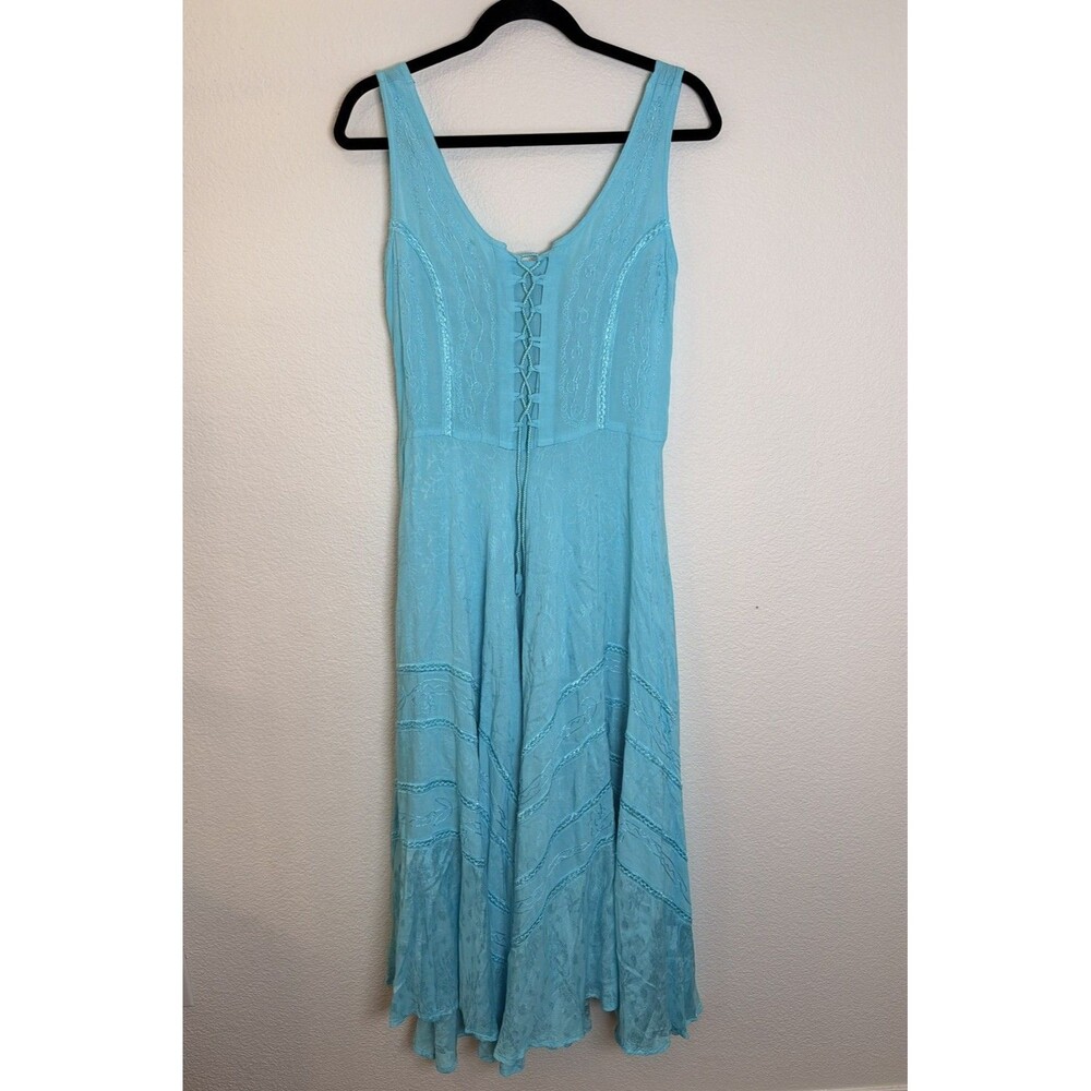 Turquoise Boho Lace Up Maxi Dress Embroidered Fairycore Ren Faire One Size NWT